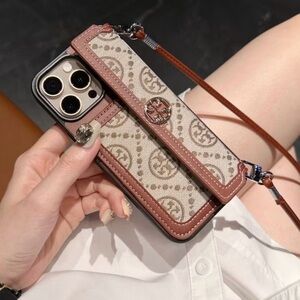 Tory Burch Brown and Cream iPhone 16 pro max Case with strap